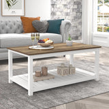 FOLUBAN Farmhouse Coffee Table with Storage Shelf, Rustic Vintage Wood Cocktail Table for Living Room, White FOLUBAN