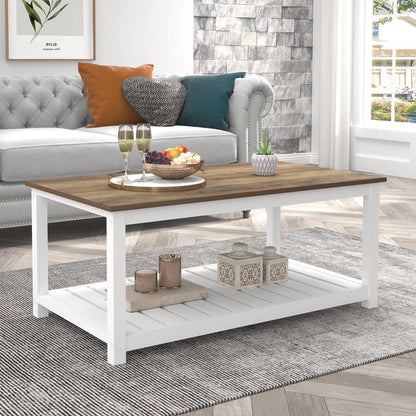 FOLUBAN Farmhouse Coffee Table with Storage Shelf, Rustic Vintage Wood Cocktail Table for Living Room, White - WoodArtSupply