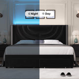 HITHOS Queen Upholstered LED Bed Frame with 2 Storage Drawers, Velvet Platform Bed with Wingback Headboard, Solid Wooden Slats Support, No Box Spring Needed, Headboard Splicing Design, Black HITHOS