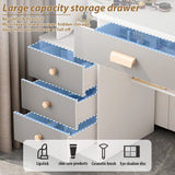 AGOTENI Small Vanity Table Makeup Vanity Dressing Table with Mirror, 4 Drawers & Shelves, Dressing Desk and Cushioned Stool Set (White/Grey, Slidding Lighted Mirror) AGOTENI