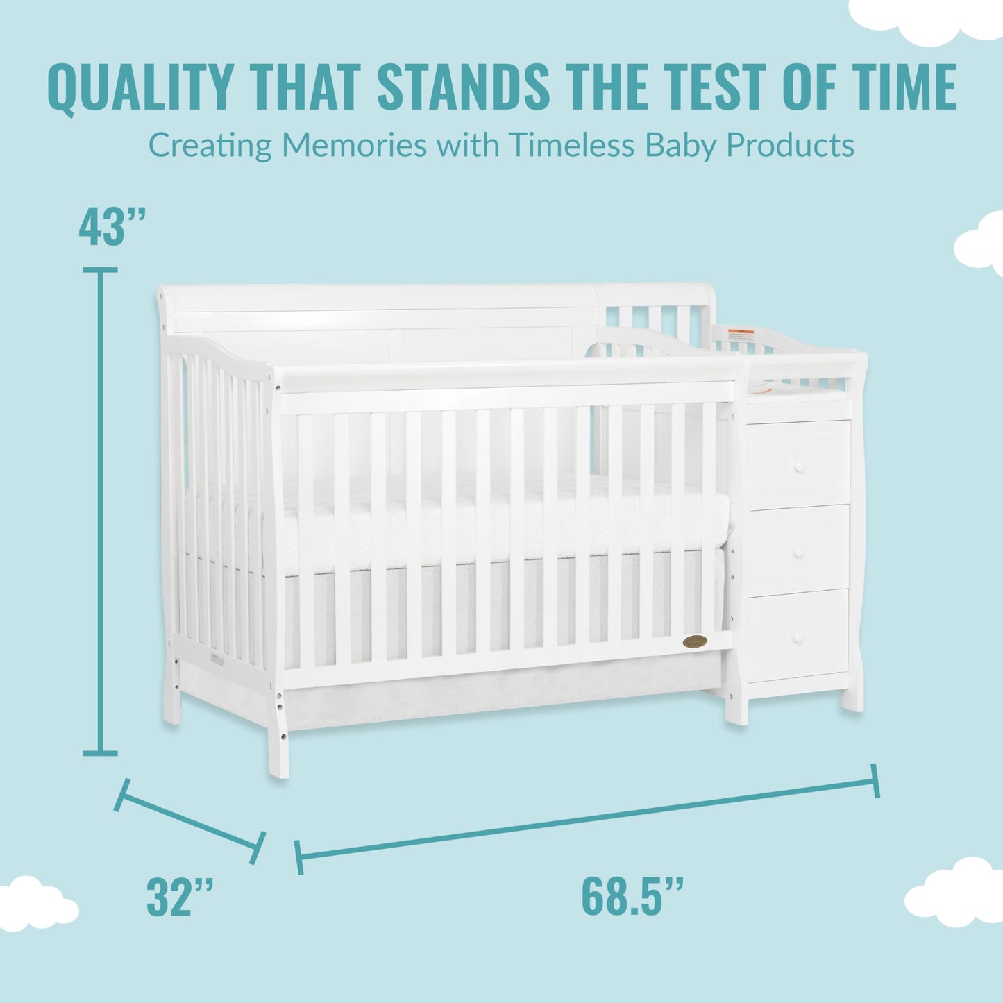 Dream On Me 5-in-1 Brody Full Panel Convertible Crib in White with Changer, Spacious Drawers, Detachable Changing -Table, 1''Changing Pad