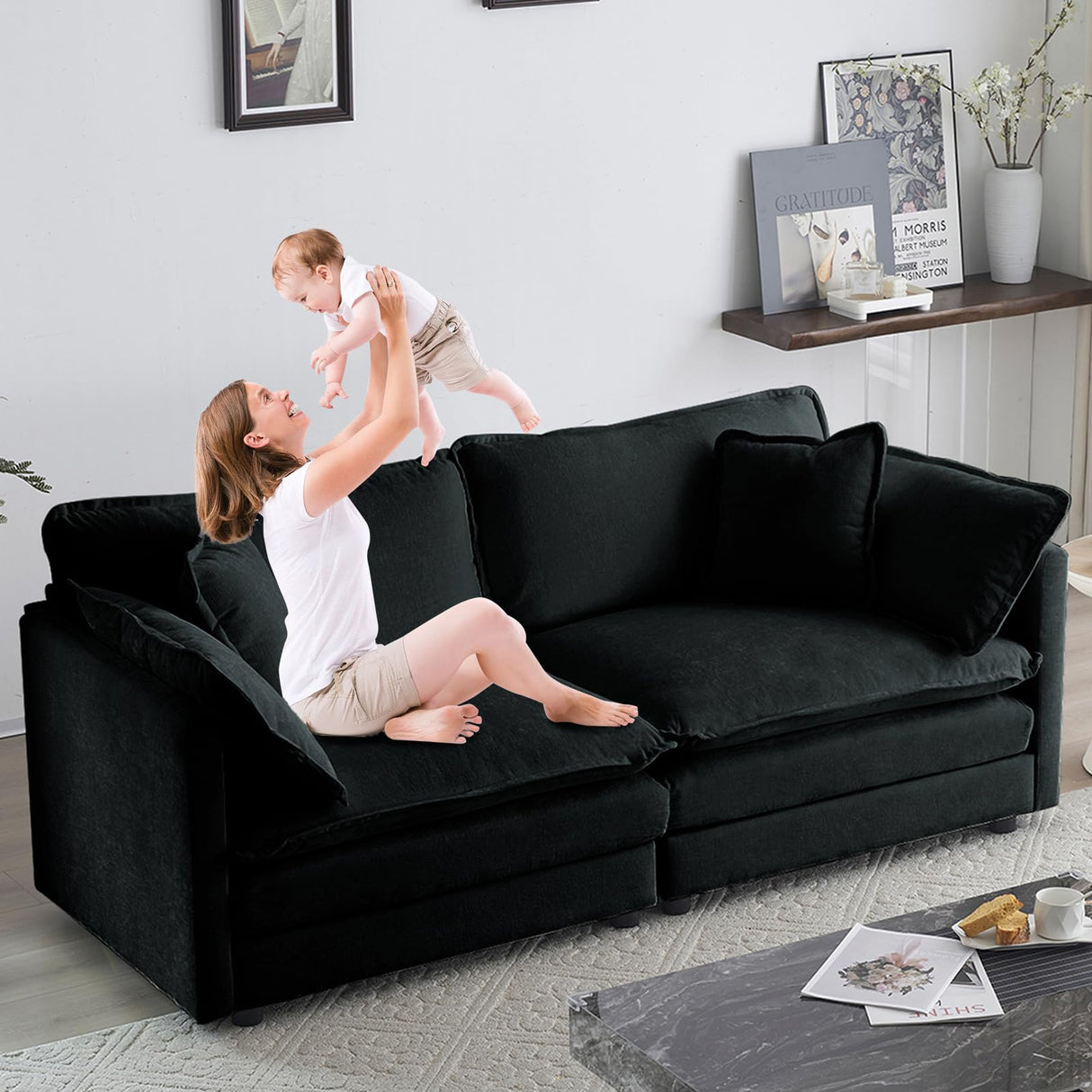 Neylory 76.7" Sofa Couch for Living Room, Modern Comfy Sofa with Extra Depth Seat and 2 Throw Pillow & 2 Armrest Pillow, Love Seat Chenille Couches for Living Room Small Space, Black Neylory