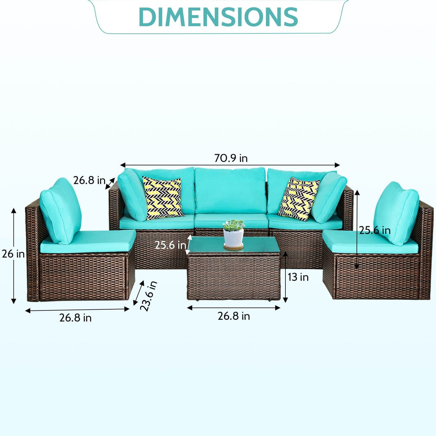 Outdoor Furniture Patio Sets 6 Pieces Wicker Conversation Set Sectional Sofa Garden Furniture All-Weather Tea Table&Washable Couch Cushions&Upgrade Brown Rattan,Blue Cushion