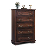 WLIVE Farmhouse Dresser for Bedroom, Tall Wood Dresser with 5 Drawer, Chest of Drawers with Roman Metal Handle for Living Room, Hallway, Closet, Brown WLIVE