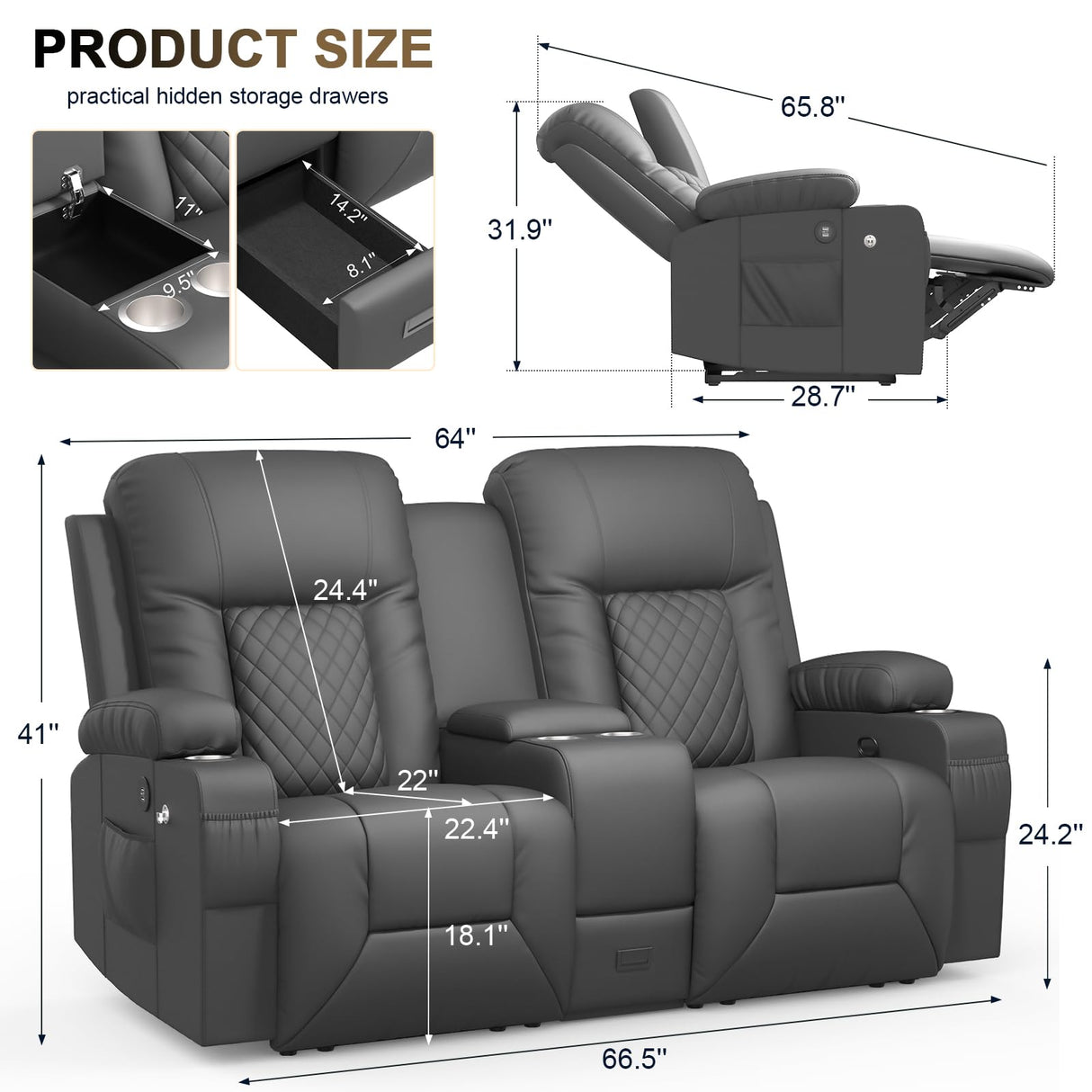 YONISEE Large Loveseat Recliner, Loveseat Recliner Sofa with Storage Console, Recliner Chair with USB Ports, 2 Cell Phone Holders, Cup Holder, Loveseat Couch for Living Room (Dark Gray) YONISEE