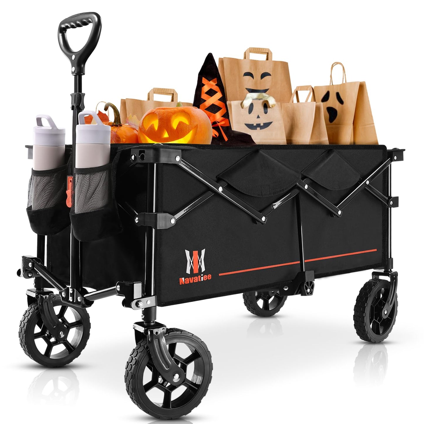 Navatiee Collapsible Folding Wagon, Wagon Cart Heavy Duty Foldable with Two Drink Holders, Utility Grocery Wagon for Camping Shopping Sports, S2, Black