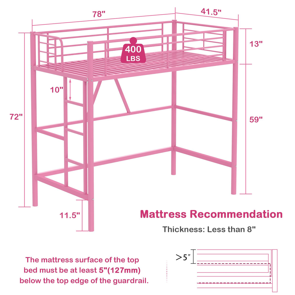VECELO Loft Bed Twin Size, Metal Bedframe with Removable Ladder and Safety Guardrail, No Box Spring Needed, Space Saving, Noise Free, Light Pink VECELO