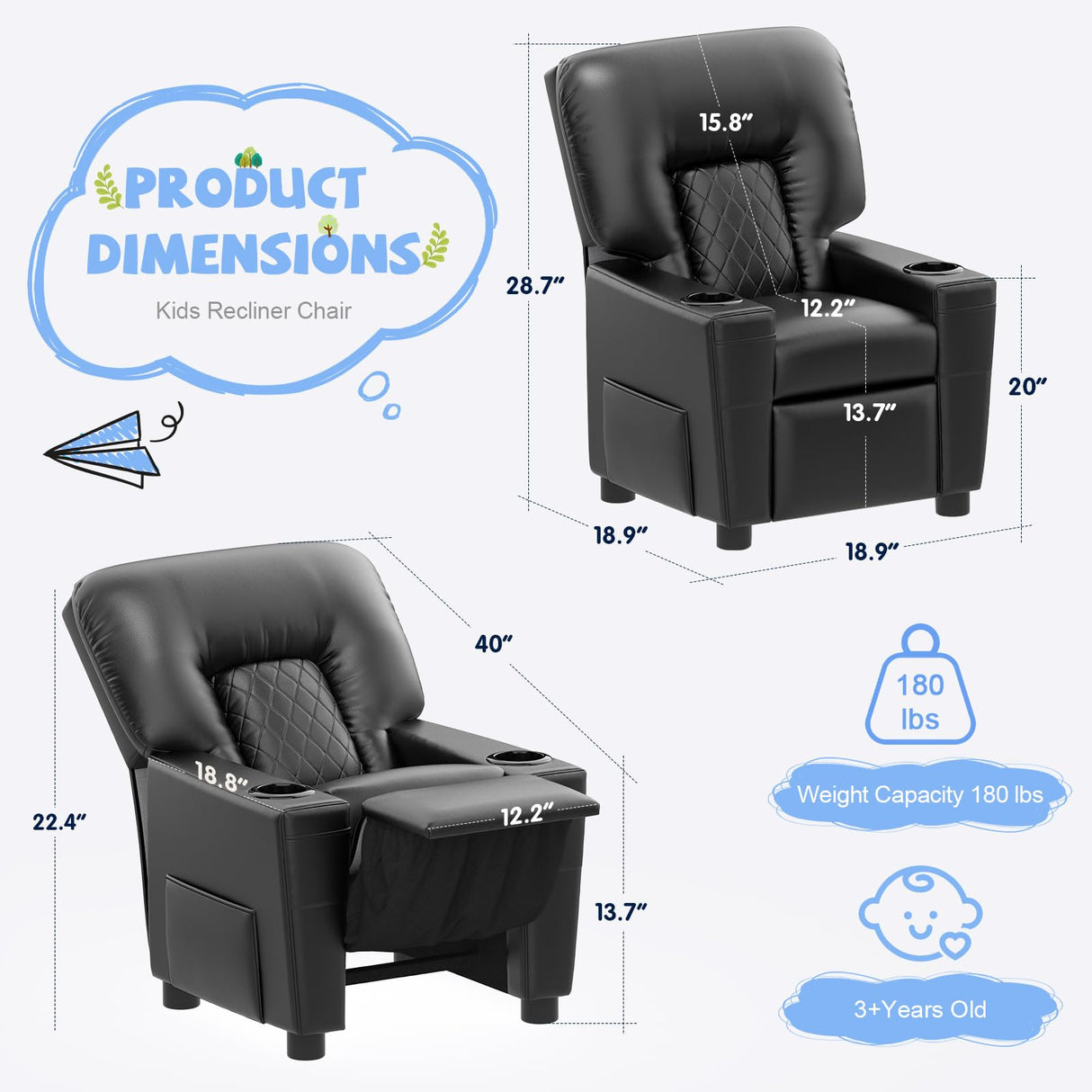 FURNIMAT Kids Recliner Chair, Leather Push Back Kids Reclining Chair with Cup Holders & Side Pockets, Safety Adjustable Footrest Toddler Recliner for Age 3+, Kid Recliners for Girls Boys, Black FURNIMAT