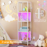 Furologee Bookshelf with LED Lights, 5 Tier Display Shelf with Back, Tall Narrow Bookcase, Modern Corner Standing Shelves, Metal and Wooden Storage Rack for Bedroom, Living Room, Office, White Furologee