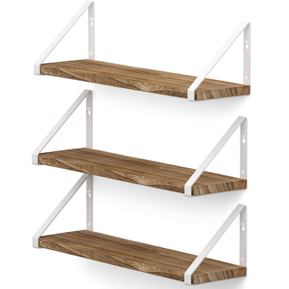 Wallniture Ponza Floating Shelves for Wall Bathroom Shelves Wall Mounted Set of 3, Burned Finish Wood Shelves with White Shelf Brackets