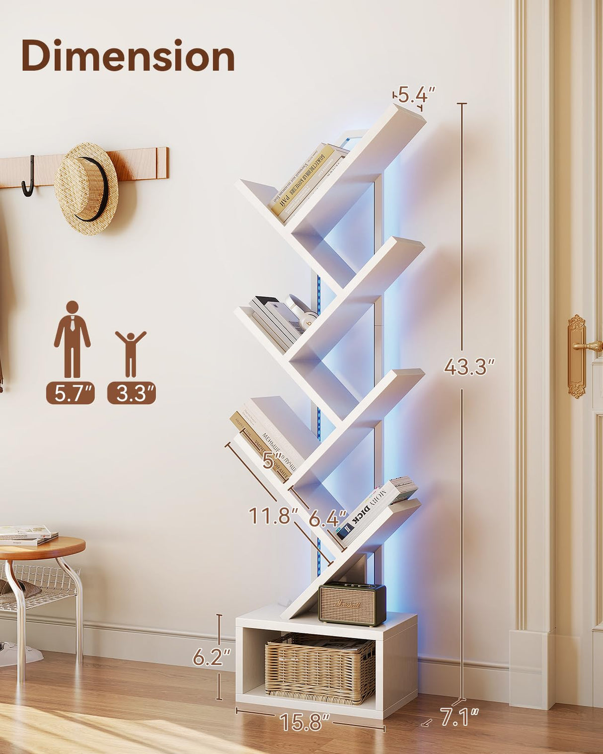 Casaottima White Tree Bookshelf with LED Light Strip — 6-Tier Small Floor Standing Bookcase, Narrow Steel & Wood Book Organizer Shelf with Cabinet, Home Decor for Living Room/Bedroom/Home Office Casaottima