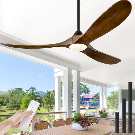 ABZ Ceiling Fans with Lights - 60 inch Propeller Ceiling Fan with Remote Control, 3 Blades Walnut Solid Wood Ceiling Fan for Indoor Outdoor Patio Bedroom Living Room Kitchen