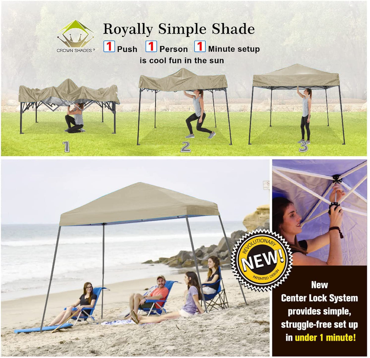 CROWN SHADES 6.5x6.5 Pop Up Canopy Tent, Slant Leg Outdoor Canopy with Carry Bag, Beach Tent, Sports Shelter(Beige) CROWN SHADES