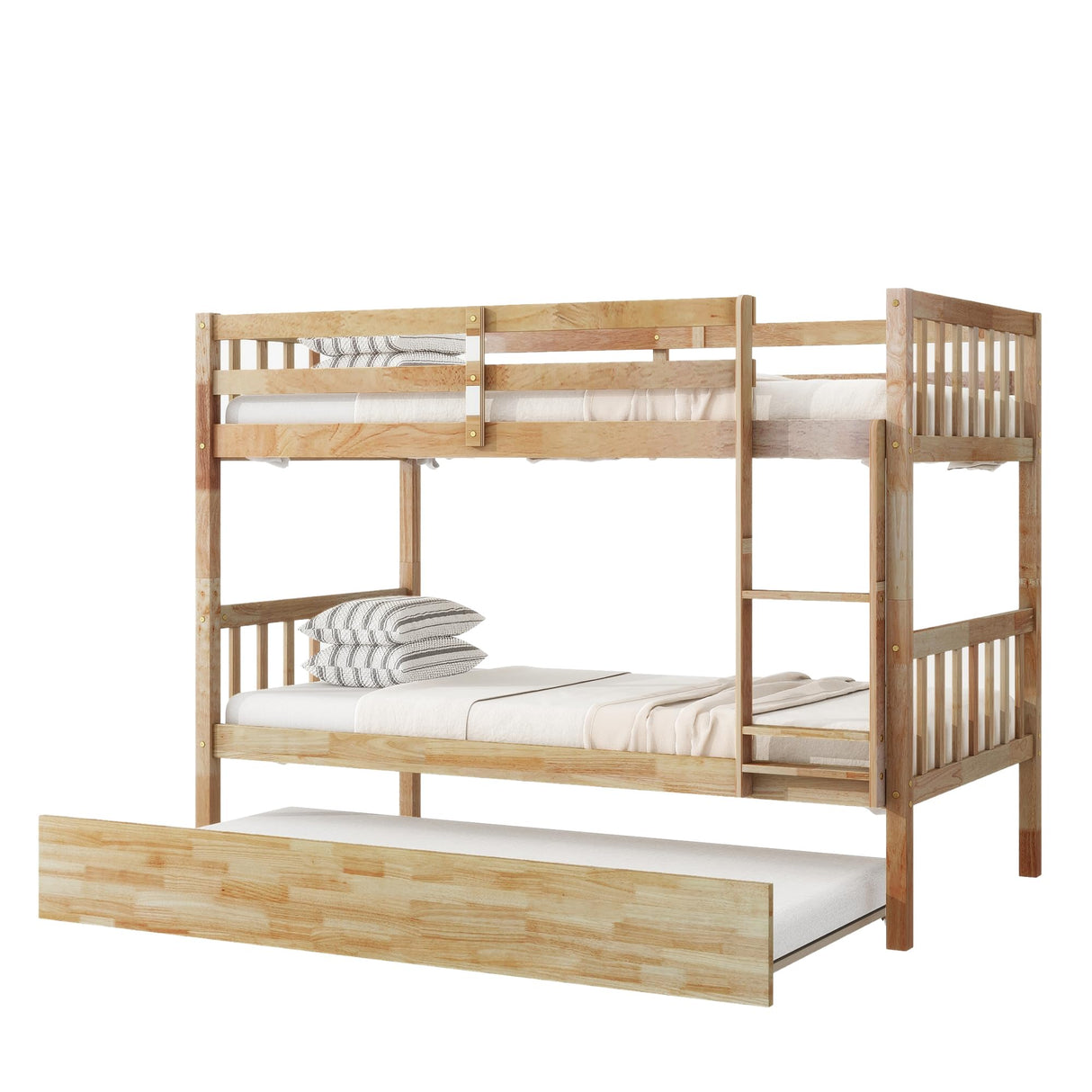 DNChuan Twin Over Twin Bunk Bed with Trundle,Triple Bunk Bed Convertible Into 3 Platform Beds,3-in-1 Beds with Headboard and Footboard,Wooden Frame for Kids Adults-Natural DNChuan