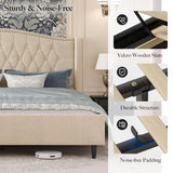 Belffin Queen Bed Frame with Headboard, Luxury Upholstered Velvet Platform Bed with Wingback, Button Tufted & Nailhead Trim, Anti-Slide Tall Footboard, No Box Spring Needed, Noise-Free, Beige Belffin