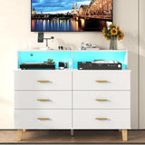knoworld White 6 Drawer Dresser for Bedroom, Chest of Drawers with LED Light and Power Outlet, Tall Wide Dresser for Organizer Cabinet Bedroom,Living Room,Hallway, Entryway, Bedroom knoworld