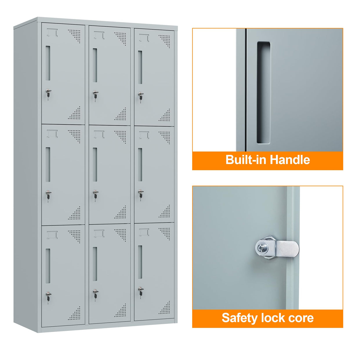 Anxxsu Metal Locker with 9 Doors Employees Locker, Metal Storage Locker with Hooks, 71" Storage Cabinet Lockers for Employees, Home, Office, Gym Requires Assembly (Grey) Anxxsu