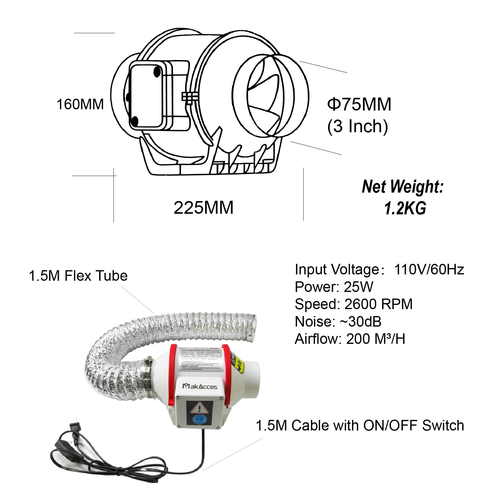 3 Inch Duct Fan for 3D Printing Ventilation, with 1.5M Pipe - WoodArtSupply