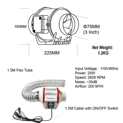 3 Inch Duct Fan for 3D Printing Ventilation, with 1.5M Pipe - WoodArtSupply