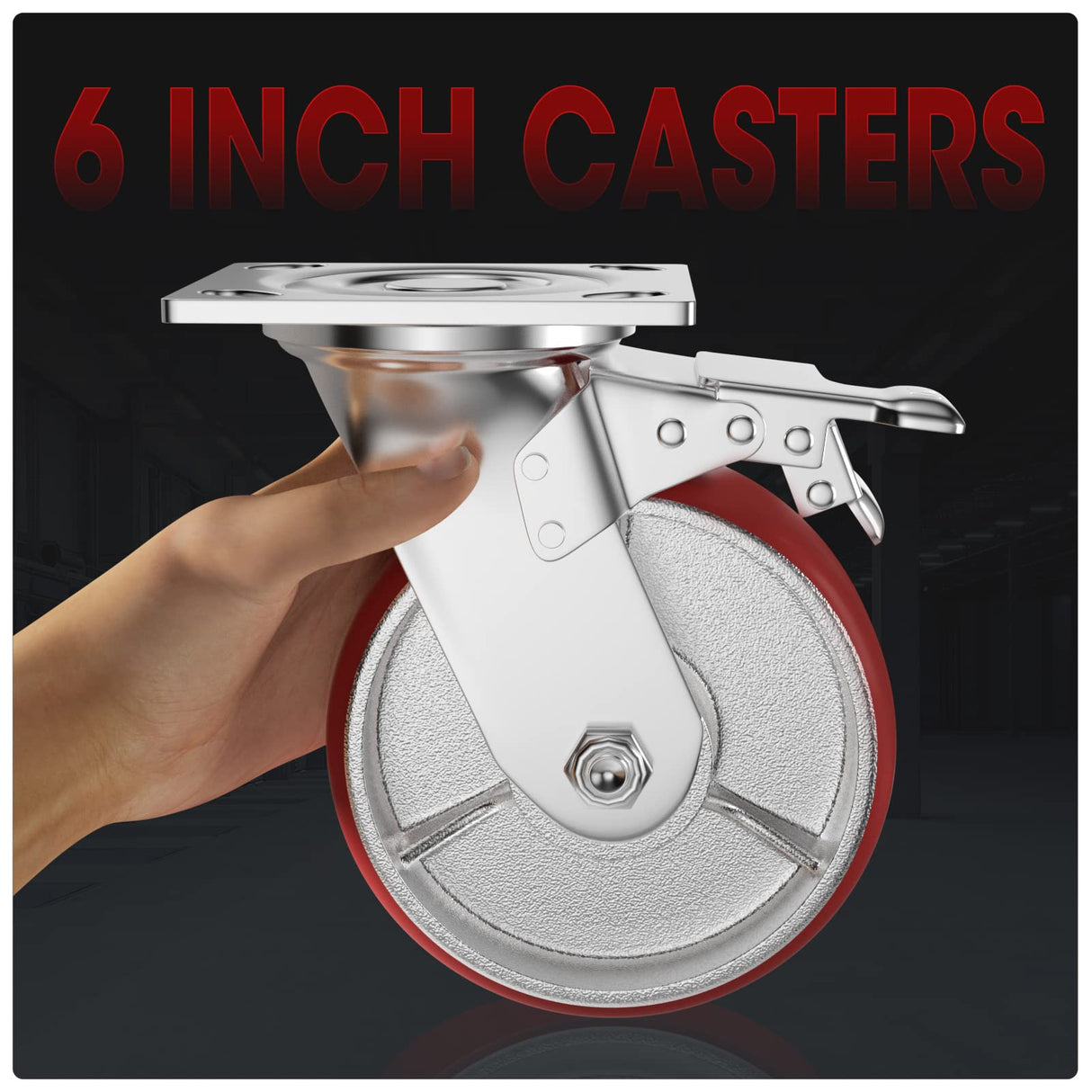 Casters Set of 4 Heavy Duty 6 inch Caster Wheels - ASRINIEY Locking Casters with No Noise Polyurethane on Steel Wheels, Swivel Plate Caster with Brake for Toolbox Workbench, 5000 lbs Total Capacity ASRINIEY