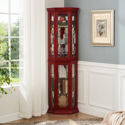 SUNLIFER Curio Cabinets with Glass Doors: Lighted Corner Display Curio Cabinet with Adjustable Shelves | Tall Wood China Cabinet - Bar and Liquor Storage Area for Living Room - Cherry - WoodArtSupply