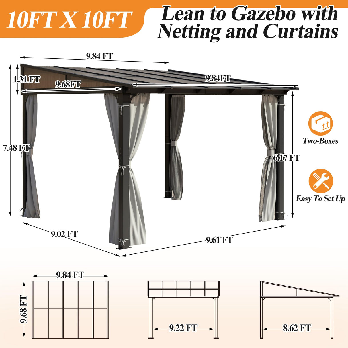 GARTOO 10’ x 10’ Gazebo for Patio - Aluminum Lean to Gazebos Pergola with Sloping Roof, Outdoor Wall-Mounted Canopy Awnings to House for Patio, Garden, Lawn, Backyard Deck GARTOO
