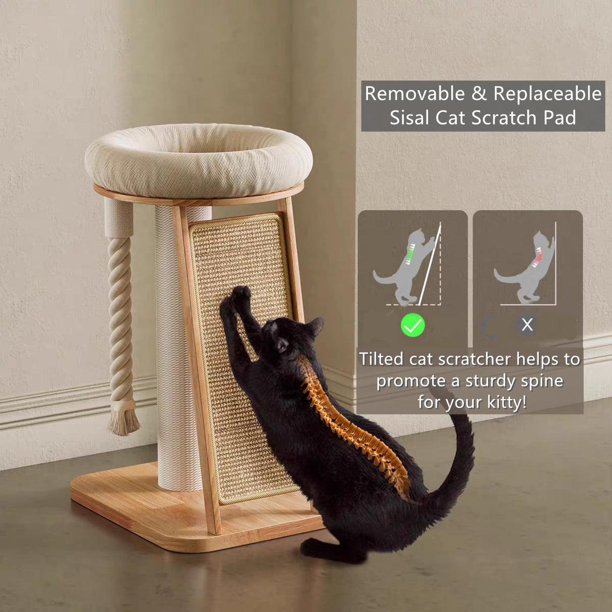 SHENGOCASE Modern Natural Wood Cute Multifunctional Cat Tree Tower Small, Large Sisal Scratching Post, Tilted Angled Ramp Scratcher, Climbing Rope Toy and Cuddle Bed SHENGOCASE