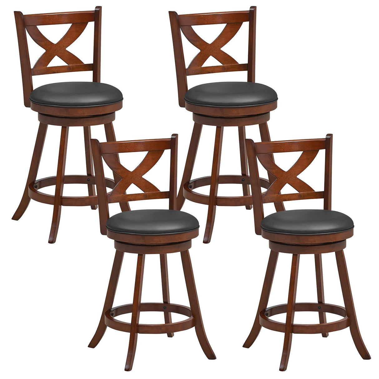 Giantex 24” Bar Stools Set of 4, 360° Swivel Counter Height Stools with Back, Solid Rubber Wood Frame, Leather Padded Seat, Vintage Upholstered Armless Farmhouse Barstools for Kitchen Island Home Bar Giantex