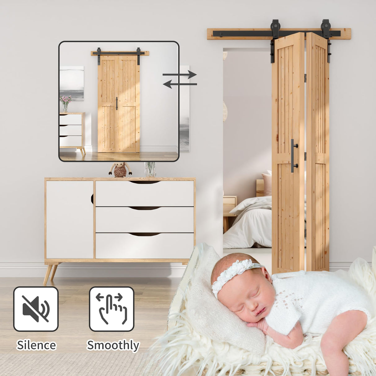 SANKEYTEW 36"x84" Bi fold Barn Door with 40" Bifold Barn Door Hardware Kit for 2 Doors, No-Assembly Solid Spruce Wood Folding Doors, Barn Door Hardware, and Double Sided Handle Pulls Included SANKEYTEW