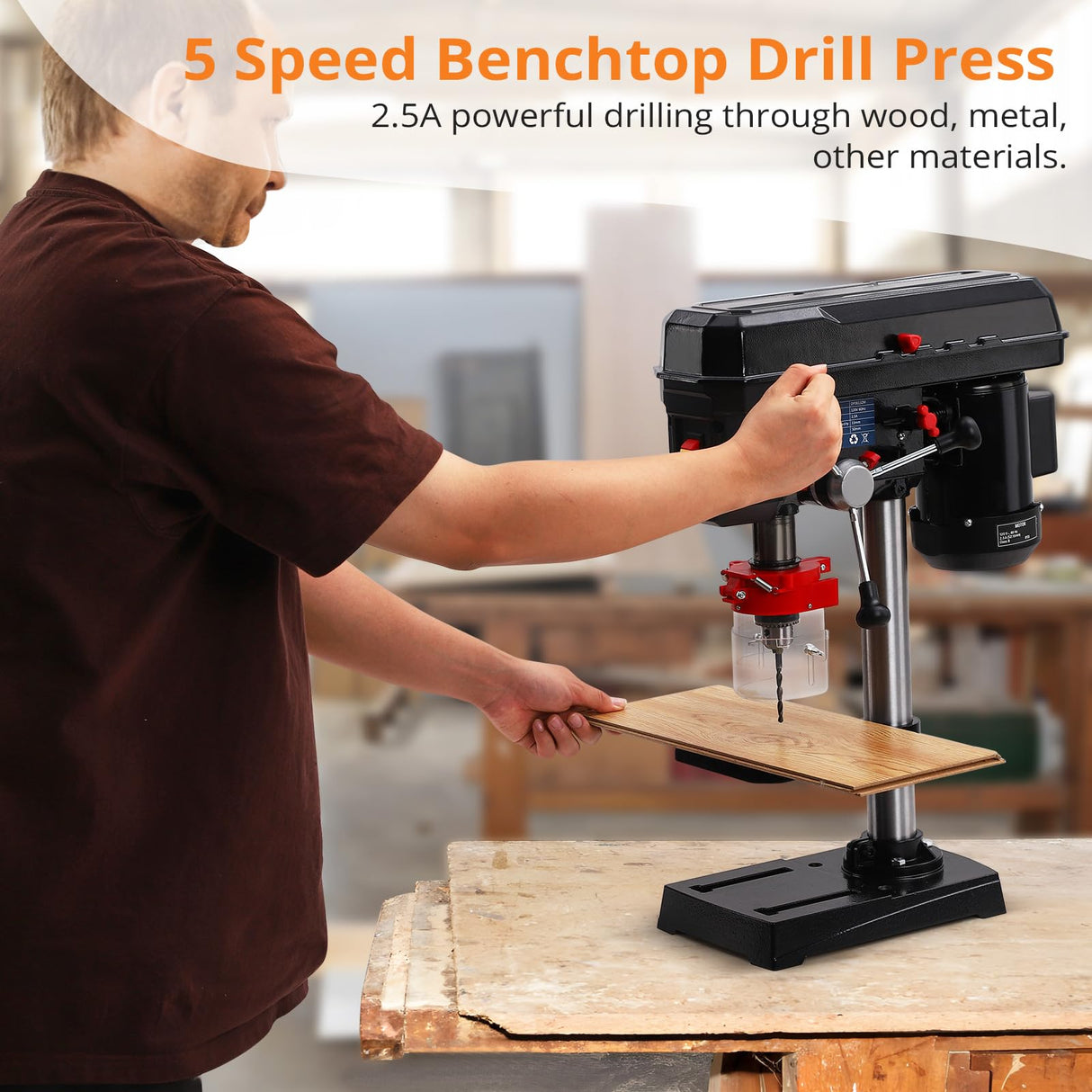 8 Inch Benchtop Drill Press, 2.5Amp Benchtop Drill Machine, 5 Speed Adjustable, Swing Distance 0-45° Tiltling Tabletop Drilling Machine for Wood, Metal PioneerWorks