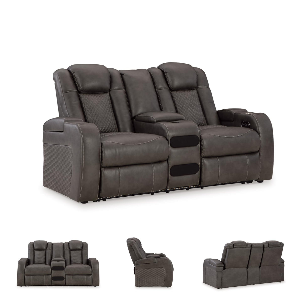 Signature Design by Ashley Fyne-Dyme Contemporary Power Reclining Loveseat with Console, USB Charging Ports and Adjustable Headrest, Gray Signature Design by Ashley