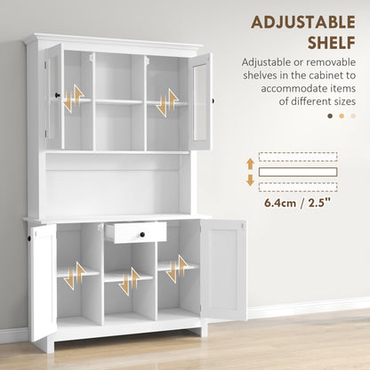 HOMCOM Freestanding Rustic Buffet with Hutch, 4 Door Farmhouse Kitchen Pantry Cabinet, Microwave Stand with Beadboard Panel, Drawer and Adjustable Shelves, White - WoodArtSupply