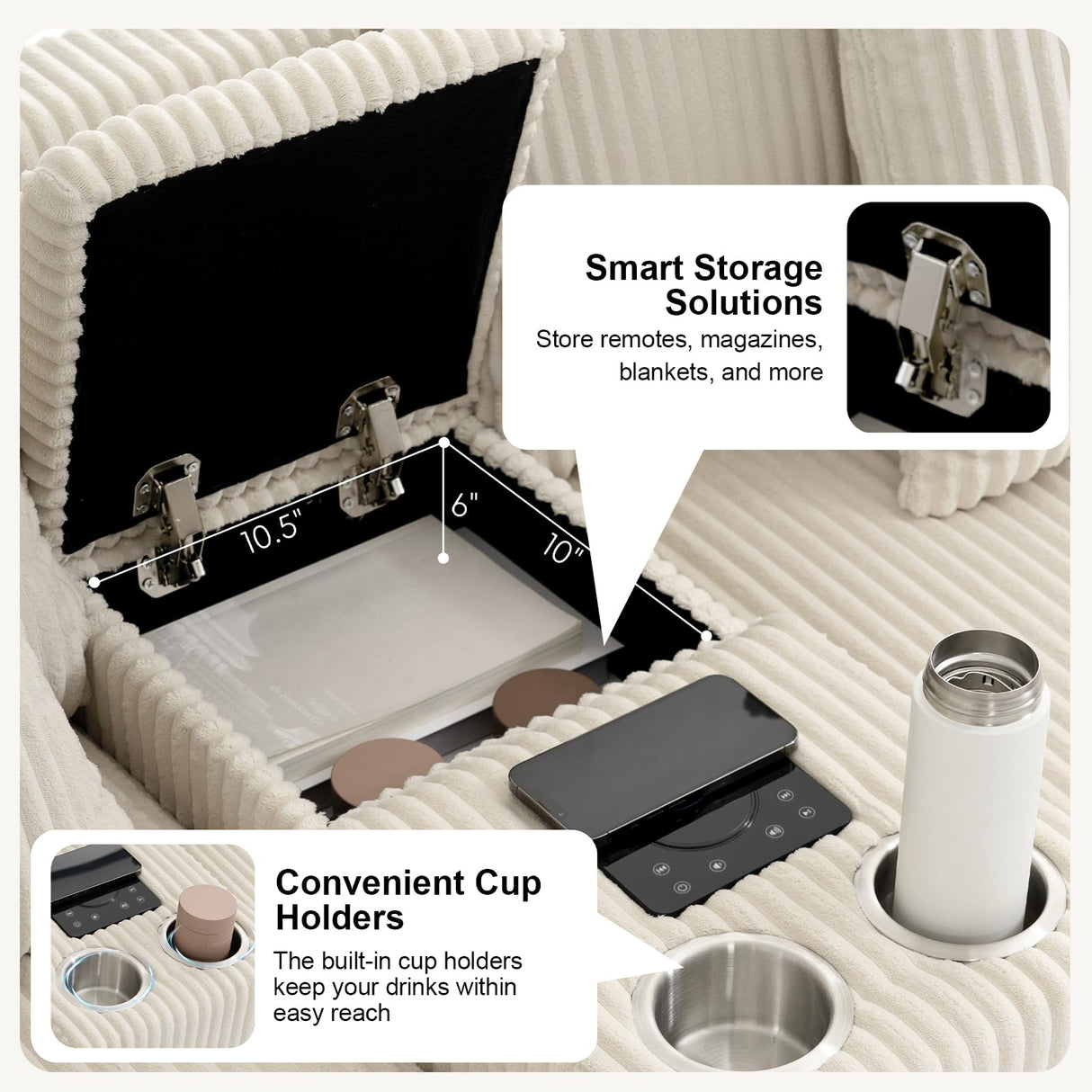 MAKIAAP 114" Corduroy Sectional Modular Couch with Bluetooth Speakers, L Shaped Couches Comfy Deep Sofa with Console, USB Charger, Cup Holders, Storage, Ottoman for Living Room (Beige, 114in) MAKIAAP