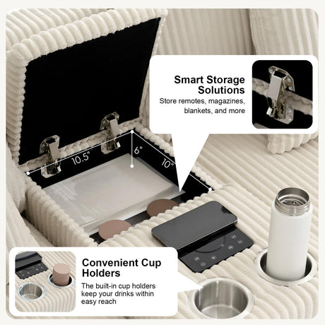 MAKIAAP 114" Corduroy Sectional Modular Couch with Bluetooth Speakers, L Shaped Couches Comfy Deep Sofa with Console, USB Charger, Cup Holders, Storage, Ottoman for Living Room (Beige, 114in) MAKIAAP