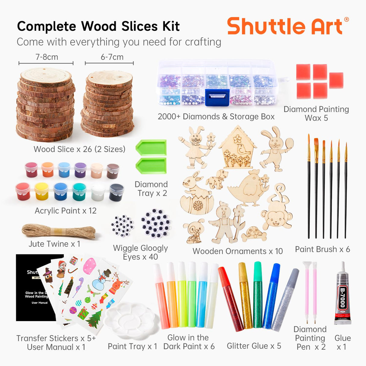 Kids Wood Painting Craft Kit, Glow-in-the-Dark Paint and Diamond Painting on Wood Slices with Stickers & Wiggle Eyes, Ideal Arts and Crafts for Kids Ages 5-12, Gifts for Halloween, Christmas, Birthday Shuttle Art