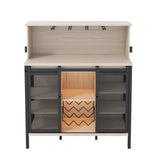 QNICE LED Industrial Wine Bar Cabinet for Liquor and Glasses/Sliding Barn Door Coffee Bar Cabinet with Light/Farmhouse Sideboard Buffet Storage Cabinet with Wine Rack/Rustic Oak/Easy Assembly QNICE