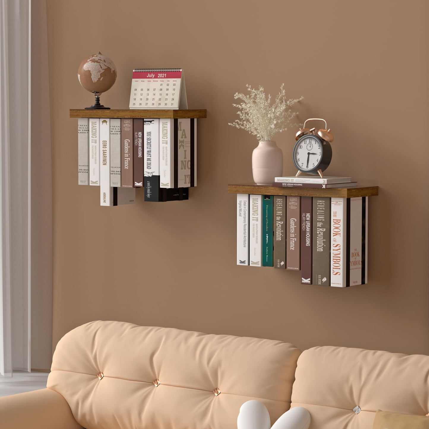 Tohiasen Floating Book Shelves for Wall Mounted Set of 2, Wood Hanging Bookshelf, Book Display Shelf for Wall, Unique Space Saving Book Shelf Wall Book Holder (Brown)