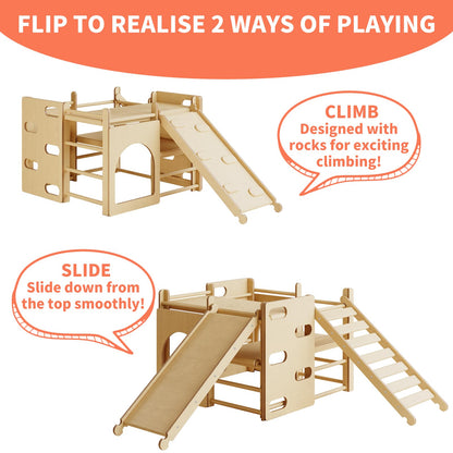 DEYGIA 7-in-1 Indoor Jungle Gym, Wooden Indoor Playground for Kids 1-3, Toddler Playground with Climbing Arch, Ladder, Rock and Slide, Montessori Climbing Set Play Gym - Wood