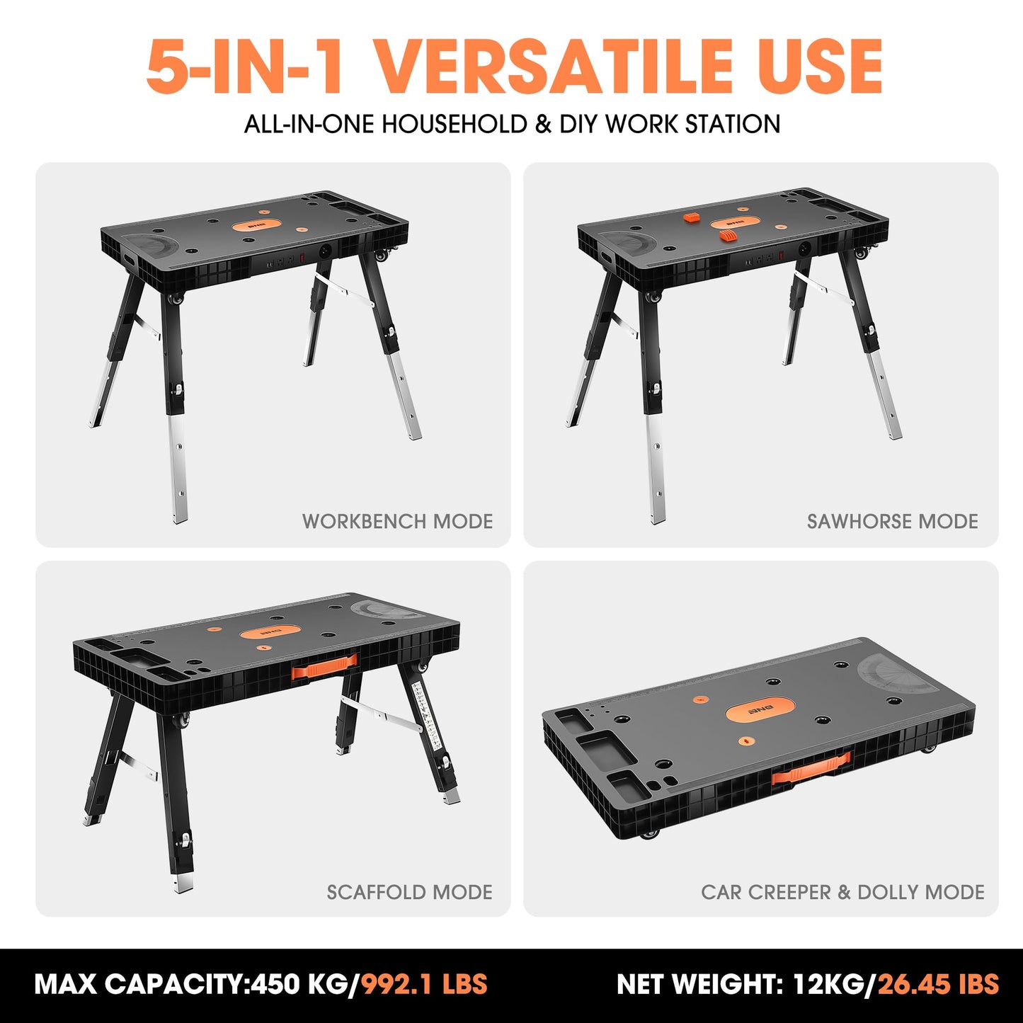 DNA MOTORING 5 in 1 Folding Heavy Duty Workbench - Work Bench, Saw Horses, Scaffold, Car Creeper & Dolly Mode, All in one Multifunctional Work Table for Warehouse Garage, TOOLS-00525 - WoodArtSupply