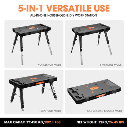 DNA MOTORING 5 in 1 Folding Heavy Duty Workbench - Work Bench, Saw Horses, Scaffold, Car Creeper & Dolly Mode, All in one Multifunctional Work Table for Warehouse Garage, TOOLS-00525 - WoodArtSupply