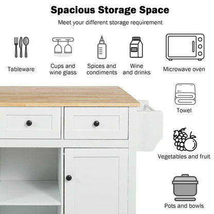 MACHOME Kitchen Cart with Rubber Wood Drop-Leaf Countertop, Cabinet Door Internal Storage Racks, Kitchen Island on 5 Wheels with Storage Cabinet and 3 Drawers for Dinning Room, White - WoodArtSupply