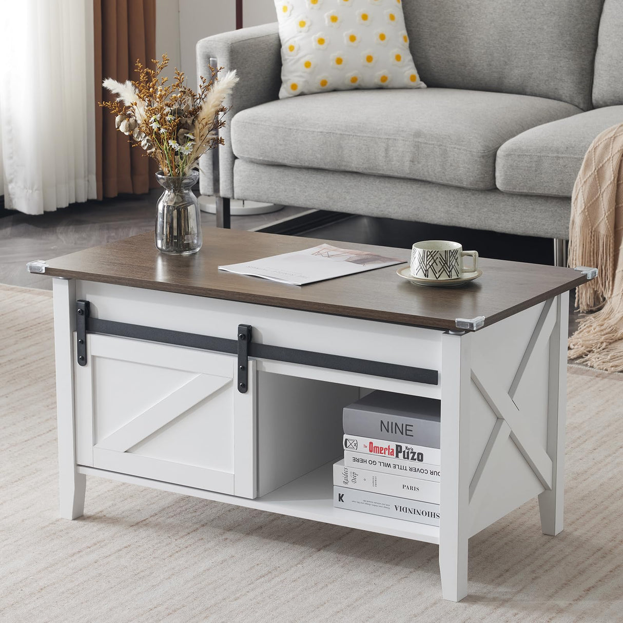 VINGLI White Oak Lift Top Coffee Table, 36" Small Farmhouse Barn Door Coffee Table with Storage, Rectangular Center Wood Coffe Table with Lifting Top,Lift Up Living Room Tables with Hidden Compartment VINGLI