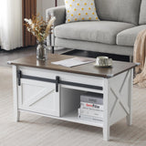 VINGLI White Oak Lift Top Coffee Table, 36" Small Farmhouse Barn Door Coffee Table with Storage, Rectangular Center Wood Coffe Table with Lifting Top,Lift Up Living Room Tables with Hidden Compartment VINGLI