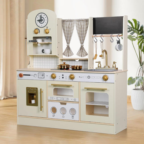 EDUBEBO Kids Kitchen playset, Wooden Play Kitchen, Height Adjustable, Comes with Various Kitchen Accessories, Ideal Role Play Toy Gift for Toddlers and Kids Ages 3-8 (White) EDUBEBO