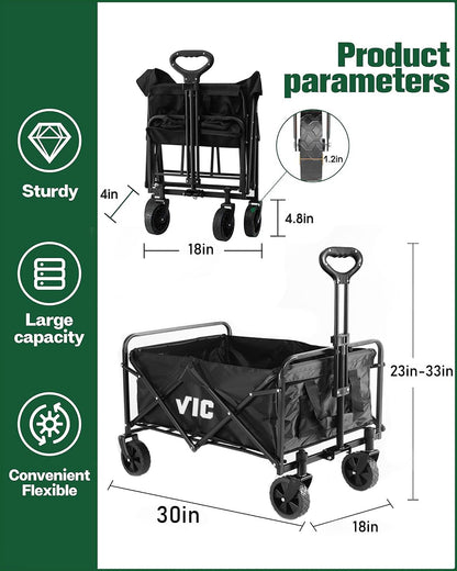 VIC Collapsible Folding Wagon, Beach Wagon Cart Heavy Duty 400LBs Foldable, Utility Grocery Wagon with Side Pocket for Camping Garden Sports, L4