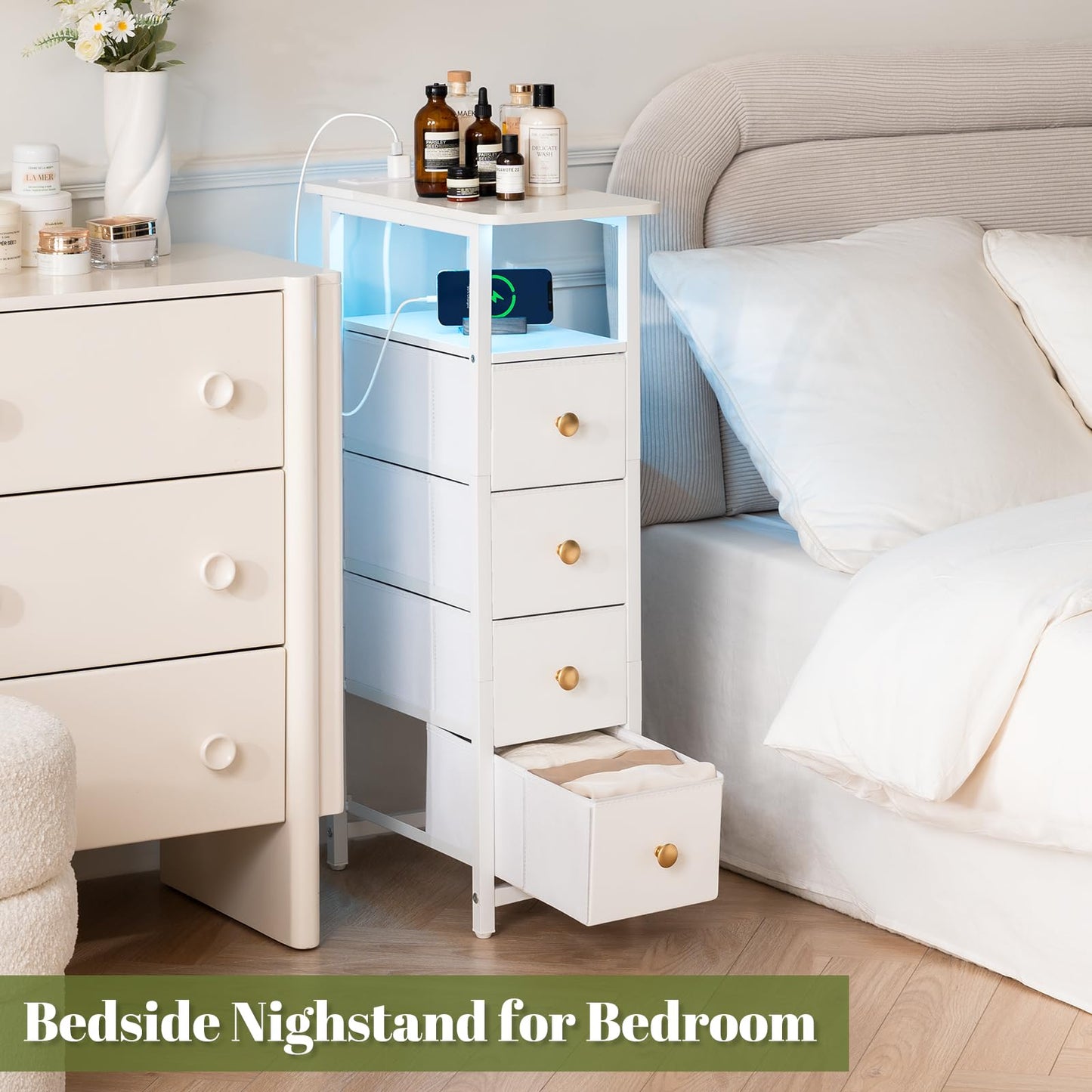 Yoobure Narrow Dresser for Bedroom, LED Slim Dresser with Charging Station, Small Dressers Chest of Drawers, Fabric Dresser Tall Skinny Cabinet Night Stand for Dorm, Small Spaces, Closet, Bathroom