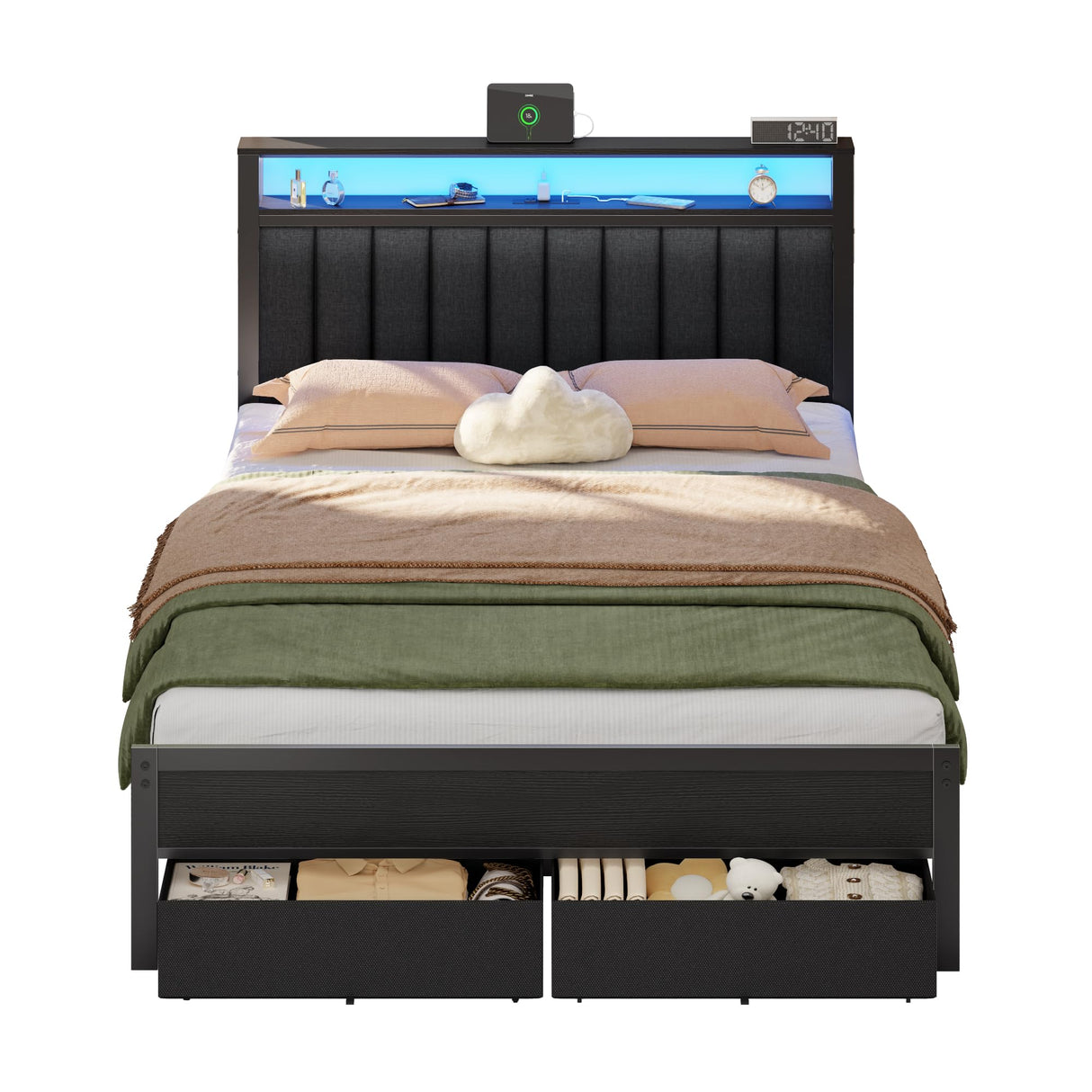 Furnulem Queen Bed Frame with Charging Station and LED Lights, Grey Upholstered Headboard with Shelves, Metal Platform Bed with 2 Under-Bed Storage (Fabric Drawer on Wheels), No Box Spring Needed Furnulem
