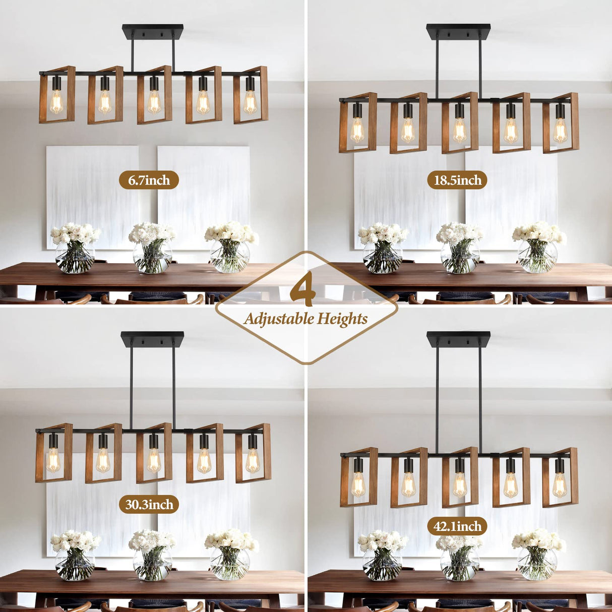 53’’ Farmhouse Kitchen Island Lighting, 5-Light Adjustable Dining Room Light Fixtures, Rustic Wood Chandeliers Black Hanging Light Fixtures for Kitchen, Pool Table Lights, Bulbs Not Included Brightever