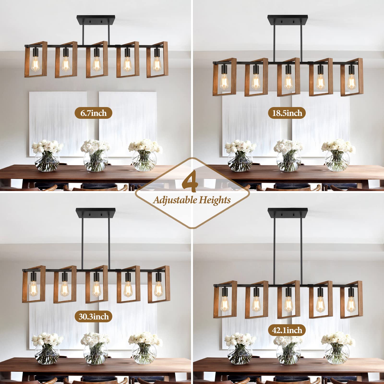 53’’ Farmhouse Kitchen Island Lighting, 5-Light Adjustable Dining Room Light Fixtures, Rustic Wood Chandeliers Black Hanging Light Fixtures for Kitchen, Pool Table Lights, Bulbs Not Included - WoodArtSupply