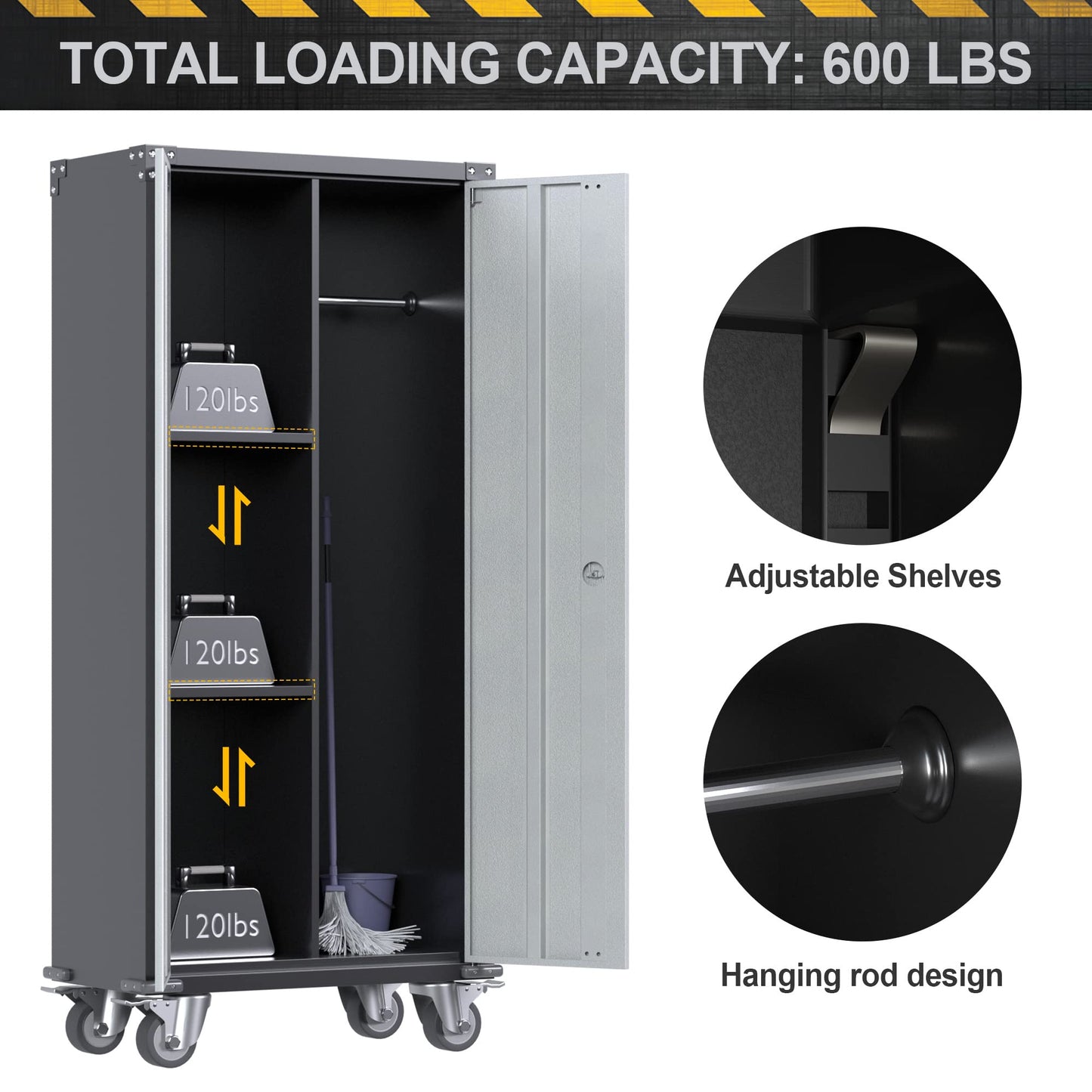 Reemoon Metal Garage Storage Cabinet with Wheels, Broom Closet Storage Cabinet with Hanging Rod, 71" Tall Rolling Tool Storage Cabinet with Locking Doors and Shelves-Required Assembly - WoodArtSupply